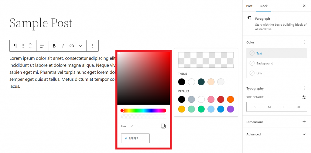 The WordPress block editor highlighting the Custom Color window