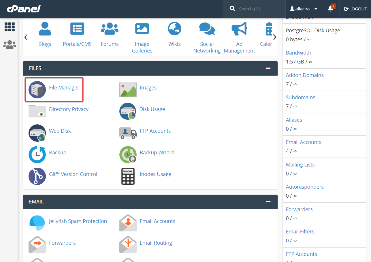 locating file manager in cpanel