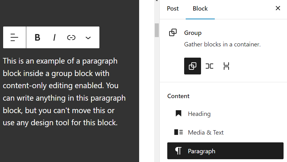 A paragraph block with no block-moving tools on its toolbar, and the block settings panel showing the content list