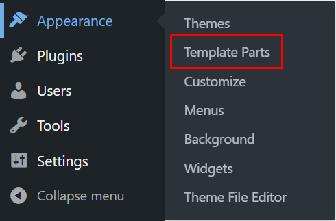 The Template Parts menu on the WordPress dashboard